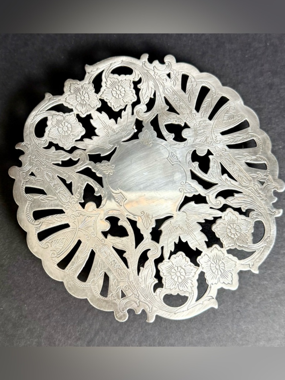 Vintage Wallace 7321 Silver Plate, Engraved Floral Footed Trivet Mid-Century
